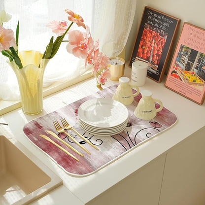 Floral Dish Drying Mat 18x24 Inches For Kitchen Counter Pink Daisy Flower Kitchen Decoration Drying Mat Modern Decorative Drying Pad For Home Kitchen Decor,Dining Room,Office Decoration