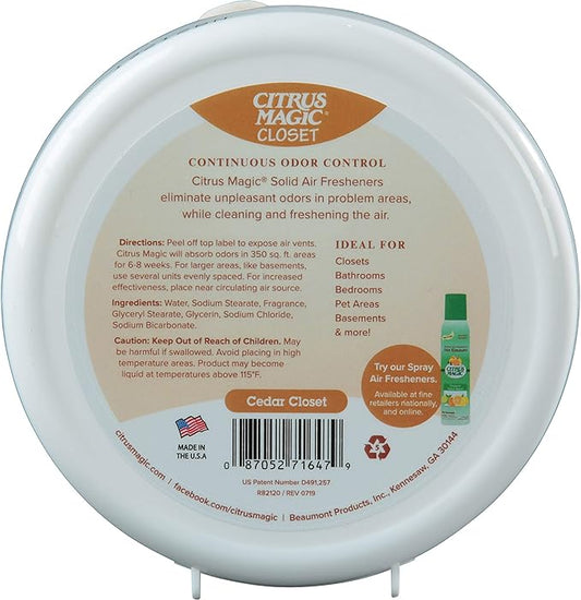 Citrus Magic Odor Absorbing Solid Air Freshener for Closets, Cedar, 8-Ounce, Pack of 3
