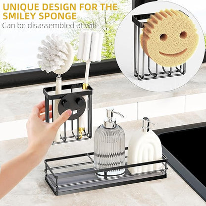 Galasily Sink Caddy Organizer with Water Absorbing Stone Tray, Instant Dry Sponge Holder Smiley Face, Dish Brush Holder for Countertop, Kitchen Storage Accessories and Organization Essentials (Black)