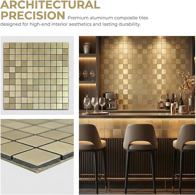 10pcs Waterproof Non-Slip Mosaic Wall Stickers, Heat-Resistant Self-Adhesive Tiles, Easy Cut & Peel for Kitchen Bathroom Bedroom Living Room (10, Golden)