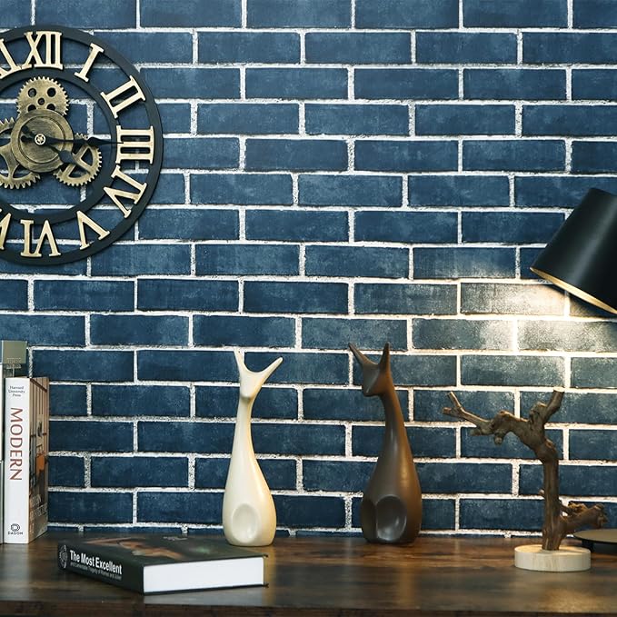 HeloHo 17.7" X 394" Blue Brick Wallpaper Peel and Stick Self-Adhesive Removable 3D Textured Wall Paper for Kitchen Backsplash Living Room Bedroom Decor