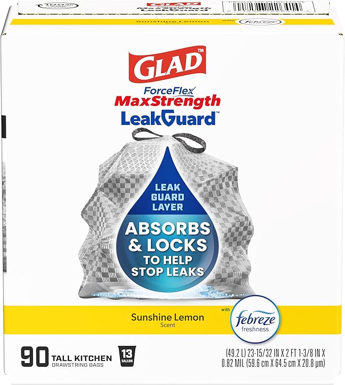 Glad ForceFlex MaxStrength LeakGuard Trash Bags, 13 Gal, Sunshine Lemon Scent, 90 Ct (Pack May Vary)