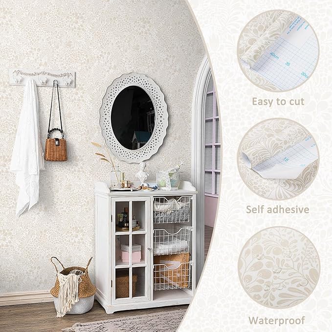 Heroad Peel and Stick Wallpaper Contact Paper Modern Wall Paper Boho Floral Removable Beige Self Adhesive Wallpaper for Bedroom Living Room Walls Bathroom Waterproof Vinyl Roll 17.3''x78.7''