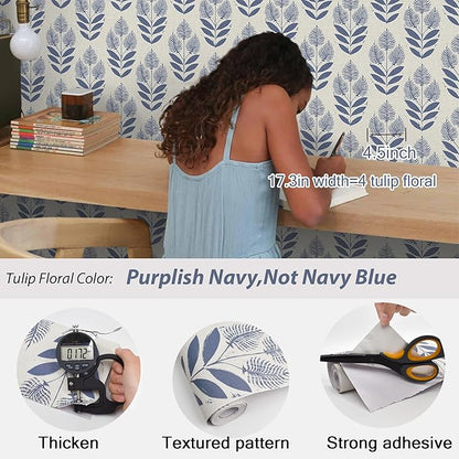 Naphite Tulip Floral Peel and Stick Wallpaper Vintage Leaf Boho Contact Paper for Cabinets Neutral Self Adhesive Wallpaper for Bedroom Bathroom Waterproof Farmhouse Wall Decor Navy 17.3inW197inL