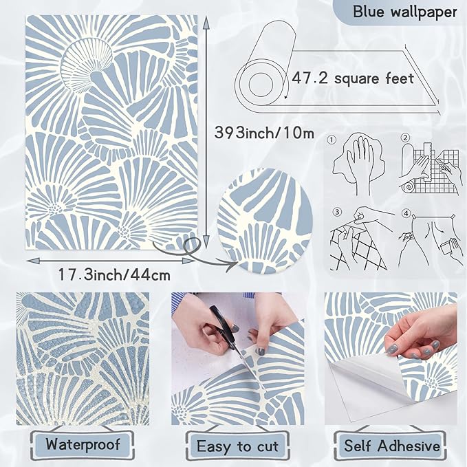 White and Blue Wallpaper Peel and Stick Wallpaper Boho 17.3"×393" Modern Wallpaper Removable Self Adhesive Wall Paper for Bedroom Blue Contact Paper for Cabinets Drawers Shelf Home Decor Vinyl Film
