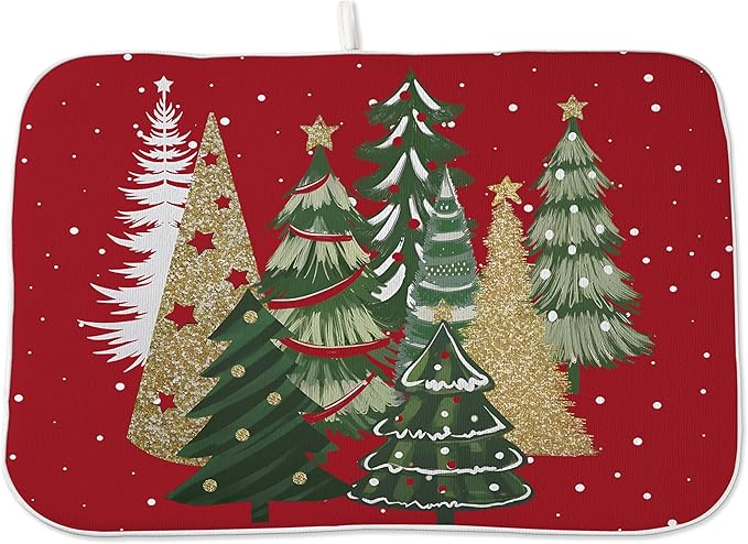 Christmas Dish Drying Mat 18x24 Inches For Kitchen Counter Red Green Christmas Tree Kitchen Decoration Drying Mat Modern Decorative Pad For Home Kitchen Decor,Dining Room,Office Decor