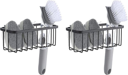 SunnyPoint NeverRust Deluxe Kitchen & Bathroom Sink Sponge Holder Organizer with Adhesive Mount - Additional Suction Cup Included – Sponge & Brush NOT Included – 7.4 x 3.3 x 2.75 Inch, BLK (Pack of 2)