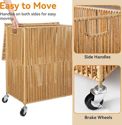 WOWLIVE Laundry Hamper with Wheels, Handwoven Rolling Laundry Basket with Lid, Clothes Hamper with Divided Removable Liner Bag, 115L Large Capacity Laundry Sorter Laundry Room Organization, Natural