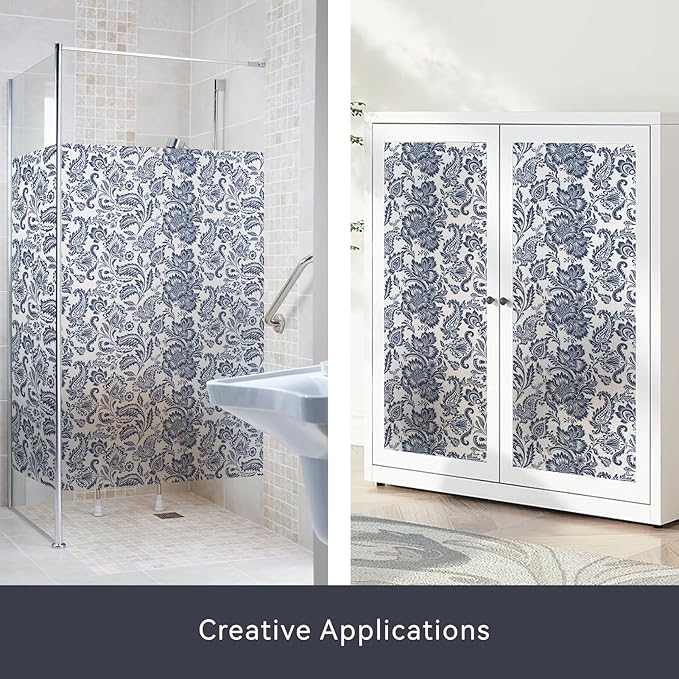 DKTIE Blue Bohemian Seamless Decorative Privacy Window Film Patterns Stain Glass Window Film for Glass, Anti-UV Anti-Glare Heat Blocking (S656, 17.7in X 78.7in)