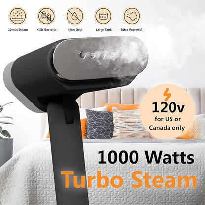 Pionix Handheld Garment Steamer - Foldable Handheld Steamer Clothes, 2-in-1 Horizontal & Vertical Fabric Steamer, Portable Hand Held Steamers for Clothes, 1000W Steam Press for Home & Travel - black