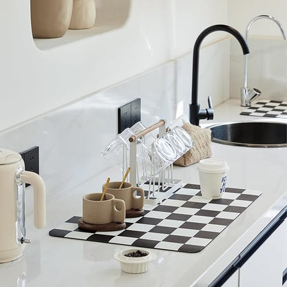 Ohocut Checkered Dish Drying Mat for Kitchen Counter, Coffee Bar Station Accessories, Retro Cute Aesthetic Modern Absorbent Drainer Mat Kitchen Drying Mat Easy Clean, Black 16" x 24"