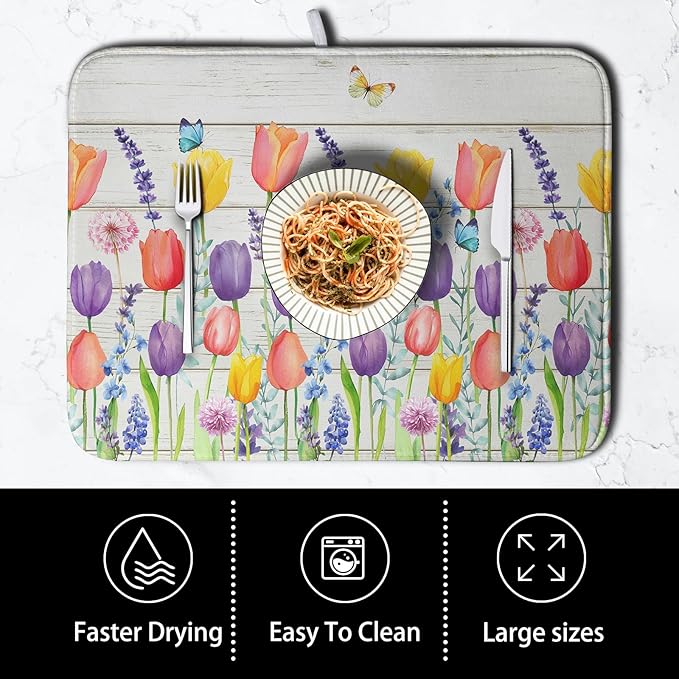 Tulip Floral Dish Drying Mat for Kitchen Counter Watercolor Spring Flower Dish Mat Absorbent Microfiber Dish Draining Mat Reversible Heat Resistant Dishes Pad Large 16 x 18 Inch