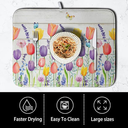 Tulip Floral Dish Drying Mat for Kitchen Counter Watercolor Spring Flower Dish Mat Absorbent Microfiber Dish Draining Mat Reversible Heat Resistant Dishes Pad Large 16 x 18 Inch