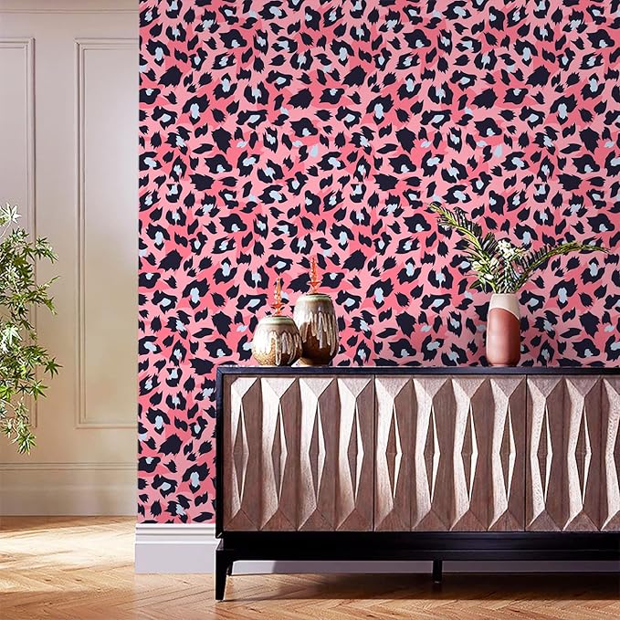 Ismoon 16.1''x118'' Leopard Wallpaper Cheetah Print Peel and Stick Wallpaper Pink Room Decor Funky Contact Paper Bathroom Waterproof Bedroom Removable Self Adhesive Vintage Texture Vinyl Roll