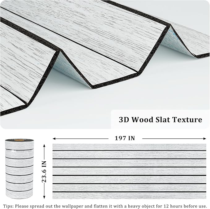 White/Grey Wood Panels for Wall Peel and Stick 3D Wood Slat Wall Panels 197"x 23.6" Self Adhesive Foam Wooden Walls Panel Removable Bcoustic Wooden Wallpaper for Bedroom Studio Bathroom