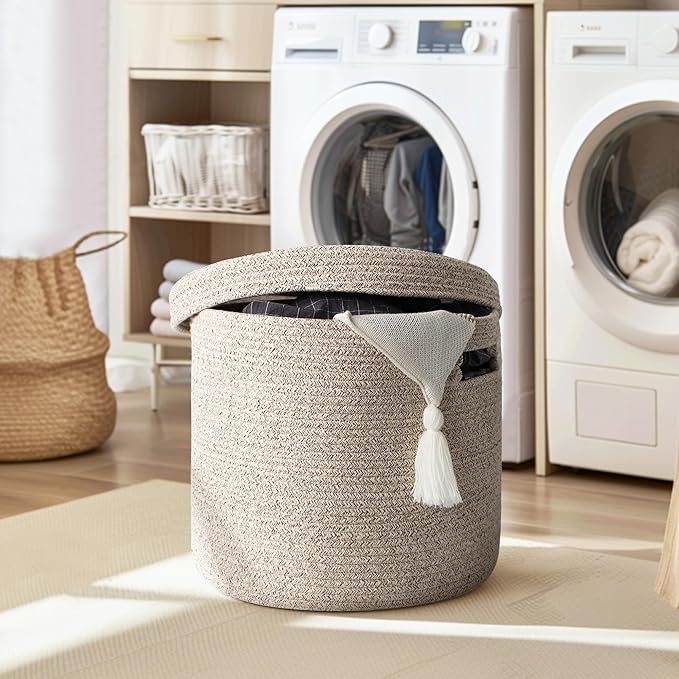 Storage Basket with Lid, Woven Blanket Storage for Living Room, Soft Cotton Rope Bin with Lid, Round Wicker Laundry Basket with Cover, Lidded Kids Dog Toy Bin, Nursery Organizer, 15" x 13"