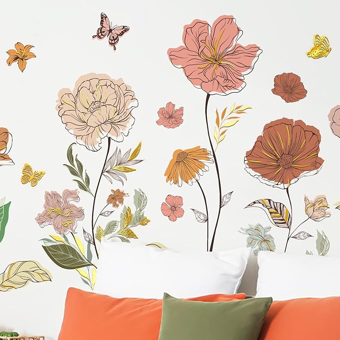 Large Boho Floral Butterfly Wall Stickers Vintage Flower Plants Decals Peel and Stick Decor for Living Room Dining Room Home Decor