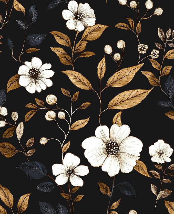 Fvlow Vintage Black Floral Wallpaper Peel and Stick 17.4" x 118", Retro Golden Leaf White Flower Pattern Contact Paper Classic Removable Covering for Bedroom Bathroom Cabinet Drawer Home Decor Dark