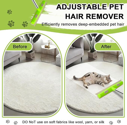 Pet Hair Removal Rubber Broom, Carpet rake with Squeegee for Cleaning Pet Hair, 52 inch Long Handle Rubber Broom,Dual-Sided for Fluff Carpet, Hardwood Floor, Tile,Green