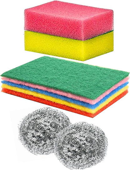9-Piece Kitchen Scrub Sponge Set with Storage Basket Heavy Duty Scouring Pads Metal Scrubbers for Dishes Pots Pans Sink Bathroom Cleaning All Purpose Multi Use