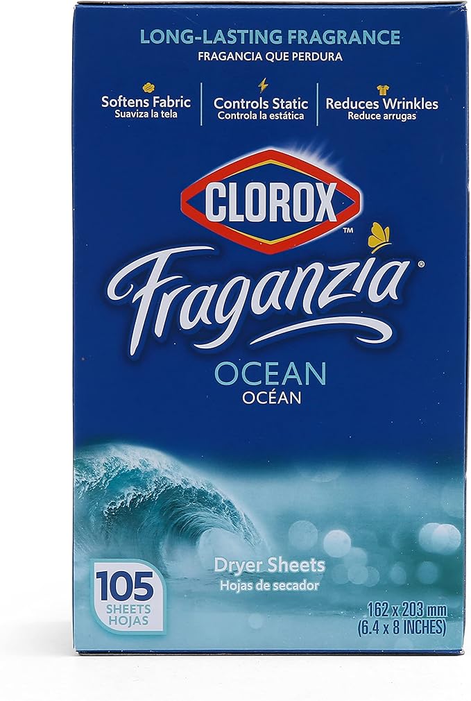 Clorox Fraganzia Fabric Softener Dryer Sheets, Wrinkle Reducing and Anti Static Laundry Dryer Sheets for Great Smelling Clothes, Softens Fabrics, Fresh Ocean Scent, 105 Count - 6 Pack