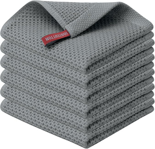 Kitinjoy 100% Cotton Kitchen Dish Cloths (12 X 12 Inches, Grey), 6 Pack Waffle Weave Ultra Soft Absorbent Dish Towels for Drying Dishes Quick Drying Kitchen Towels Dish Rags