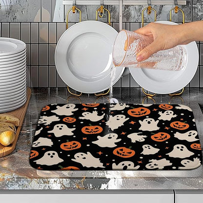 Halloween Dish Drying Mat for Kitchen Counter Pumpkin Spooky Ghosts Fall Dish Mat Absorbent Microfiber Reversible Dish Draining Mat Medium Dishes Pad 16 X 18 Inch