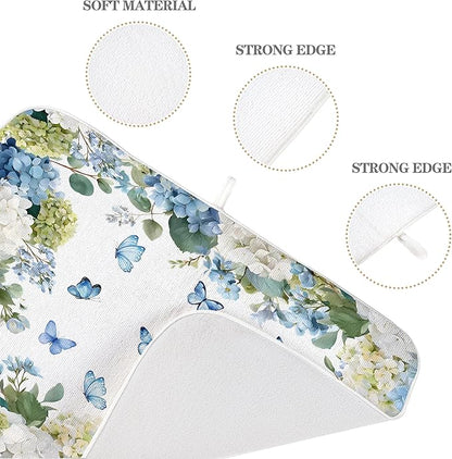 Spring Dish Drying Mat 18x24 Inches For Kitchen Counter Absorbent Watercolor Blue Hydrangea Butterfly Kitchen Decoration Summer Floral Drying Mat Pad For Home Kitchen,Dining Room,Office Decor