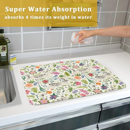 Spring Easter Dish Drying Mat for Kitchen Counter 18x24 Rabbit Bunny Green Pink Floral Vintage Print Absorbent Reversible Microfiber Drying Mats Kitchen Countertop Protector Dishes Drainer Rack Pad