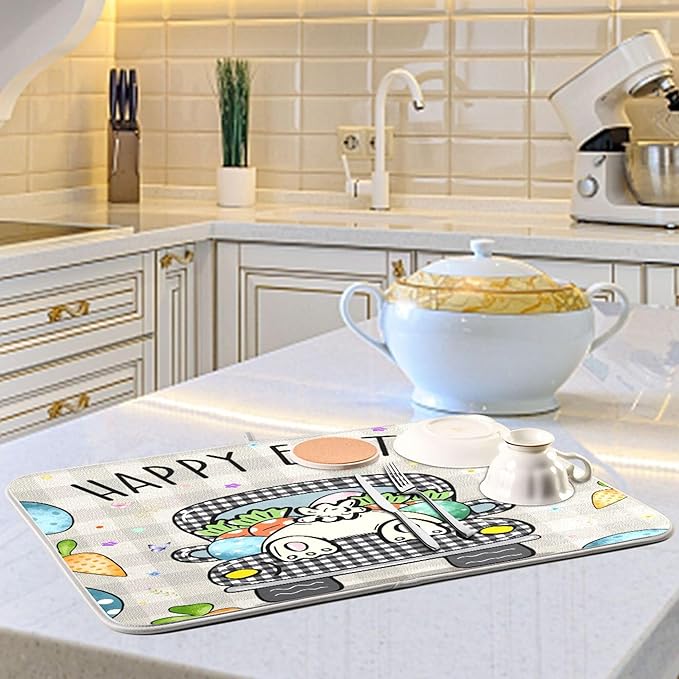 Easter Eggs Bunny Rabbit Dish Drying Mat Quick Absorbent 16x18 Easter Day Black White Buffalo Plaid Kitchen Drying Mat for Countertop Sink Reusable Dishes Mats Kitchen Essentials