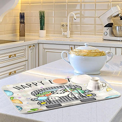 Easter Eggs Bunny Rabbit Dish Drying Mat Quick Absorbent 18x24 Easter Day Black White Buffalo Plaid Kitchen Drying Mat for Countertop Sink Reusable Dishes Mats Kitchen Essentials