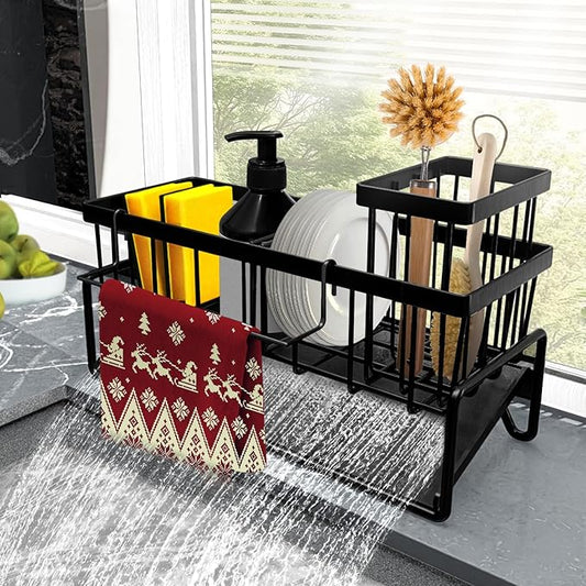 Sponge Holder for Kitchen Sink Caddy，Sink Caddy Organizer with High Brush Holder Adjustable Divider, Tilted Drain Pan, Multifunctional for Home Decor Accessories (Black)