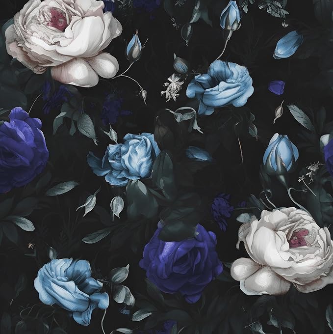 Laatse Dark Floral Peel and Stick Wallpaper, Black/Blue Vintage Floral Contact Paper, Waterproof Self Adhesive Boho Decor Black Rose Wall Paper for Bedroom Walls Bookcase Drawers 17.5in x 118in