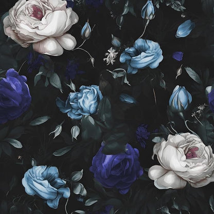 Dark Floral Peel and Stick Wallpaper, Vintage Black/Blue Rose Flower Contact Paper 17.5" x 393.7", Waterproof Self Adhesive Boho Decor Black Rose Wall Paper for Bedroom Walls Bookcase Drawers Decor
