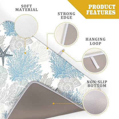 Coastal Blue Gray Dish Drying Pad 18 x 24 Inch With Absorbent Reversible Microfiber Starfish Seashell Coral Nautical Summer Drying Mats Dish Drainer Mat Fast Dry For Kitchen Dining Room Decoration