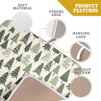 Christmas Dish Drying Mat for Kitchen Counter 16x18 Green Xmas Tree Block Print Winter Holiday Theme Absorbent Reversible Microfiber Drying Mats Kitchen Countertop Protector Dishes Drainer Pad