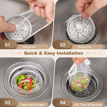 300 Pack Kitchen Sink Strainer Mesh Bags – Anti-Clogging Disposable Sink Drain Covers that Trap Food Scraps, Leftovers, Hair & Debris. Ultra-Fine Sink Filter Nets Fit Most Sink Strainers.