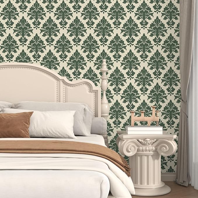 Vintage Green Floral Symmetrical Wallpaper Peel and Stick 17.5" x 118" Boho Leaf Pattern Self Adhesive Cantact Paper, Waterproof Removable Vinyl Wall Covering for Bedroom Living Room Cabinet