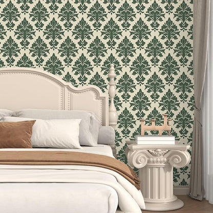 Vintage Green Floral Symmetrical Wallpaper Peel and Stick 17.5" x 118" Boho Leaf Pattern Self Adhesive Cantact Paper, Waterproof Removable Vinyl Wall Covering for Bedroom Living Room Cabinet