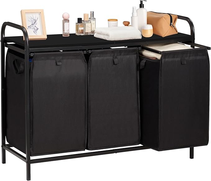 3 Section Laundry Hamper with Shelf, Laundry Basket Organizer with 3 Pull-Out Removable Bags 3×12.3Gal(46.6L), Laundry Sorter for Clothes Organization in Bedroom, Laundry Room, Black