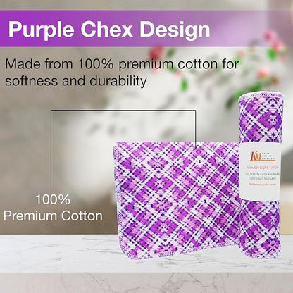 Pack of 10 Reusable Paper Towels | 10x10 Inch Cotton Towels | Kitchen Utensils Print | Eco Friendly, Washable, Quick Drying | Sustainable Cleaning Cloths | Purple Chex