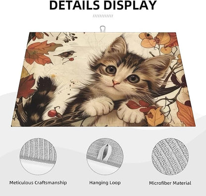 Cute Cat Dish Drying Mats for Kitchen Counter, Absorbent Reversible Microfiber Dish Drying Pad, Multi-Use Large Drying Mat Coffee Bar Accessories 18"x24"
