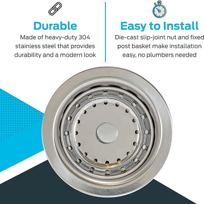 EZ-FLO Kitchen Sink Strainer with Die-Cast Slip-Joint Nut, Fits 3-1/2 to 4 Inch Openings, Stainless Steel, 30001