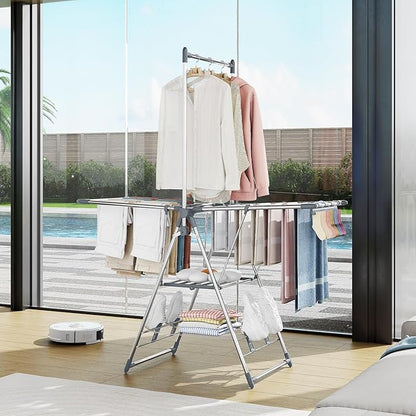 APEXCHASER Clothes Drying Rack with High Hanger, Foldable 3-Level Drying Racks with Shoe Rack, Crossbar and Vertical Rod Laundry Stand with Adjustable Wings Grey