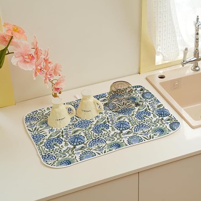 Boho Navy Blue Sage Green Dish Drying Mat 18x24 Inch Vintage Floral Drying Mat Chinoiserie Flower Spring Summer Absorbent Dish Drying Pad Dish Rack Drainer Mats for Kitchen Dining Counter