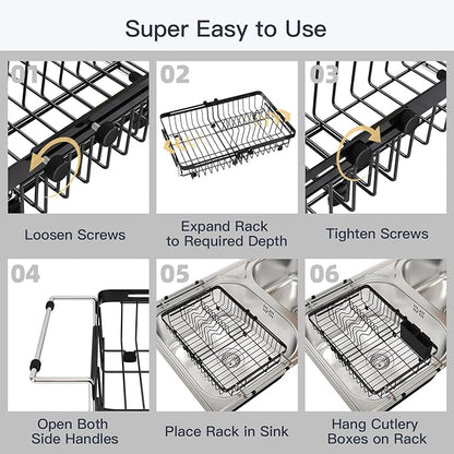 MAJALiS Expandable Stainless Steel Over The Sink Dish Drying Rack for Small Kitchen Counter Space Saving, Compact RV Plate Drainer Strainer in Black Wire Metal with Hanging Adjustable Utensil Holder