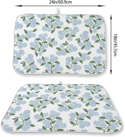 Blue Sage Green Hydrangea Dish Drying Mats 18x24 Inch Floral Mats Spring Holiday Kitchen Decor Absorbent Drying Dish Pad Rack Drainer Mats for Kitchen Dining Room