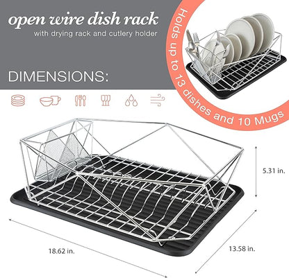 Kitchen Details Geode Deluxe Dish Drying Rack with Drain Board | Cutlery Basket | Utensil Holder | Iron Frame | Chrome
