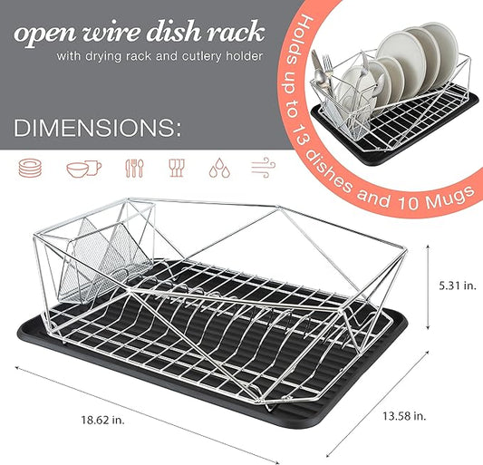 Kitchen Details Geode Deluxe Dish Drying Rack with Drain Board | Cutlery Basket | Utensil Holder | Iron Frame | Chrome