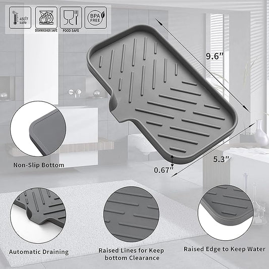 MicoYang Silicone Bathroom Soap Dishes with Drain Spout-Bathroom and Kitchen Sink Organizer,Sponge Holder,Dish Soap Tray,Perfect for Dispenser,Scrubber,Bottle,Cup on Sink or Counter-Grey 9.6"×5.3"